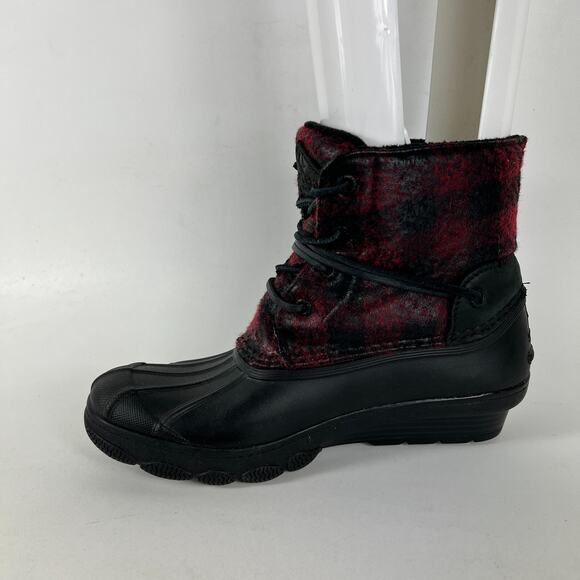 Sperry wedge duck boots women’s 6.5 black red Buffalo check fall slip on secret - Picture 6 of 11